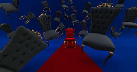 the royal throne in the room with falling black chair. Red carpet leading to the luxurious throne,...