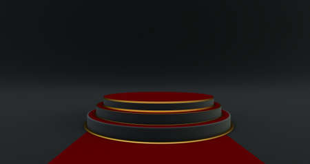 3d rendering of red and gold pedestal isolated on black background, luxury minimalist mockupの写真素材