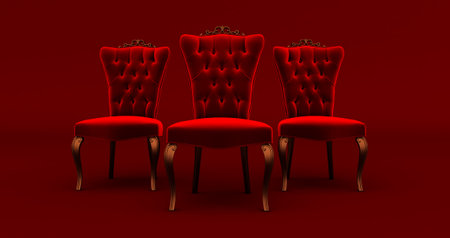 3D render of three ( 3 ) red Chairs King isolated on red background, vip conceptの写真素材