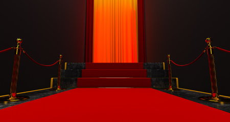 Red carpet on the stairs on a dark background, The path to glory, 3D renderの写真素材