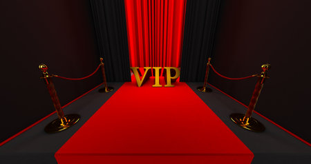 Red carpet on the stairs on a dark background with golden VIP word, The path to glory, 3D renderの写真素材