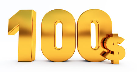 3D render of 100 dollar, golden 100 dollar word isolated on white background.の写真素材