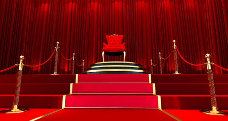 3D render of Long red carpet between rope barriers, Realistic red carpet and pedestal.の写真素材