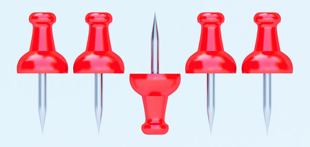 Realistic red push pins. pinned office thumbtack and paper push pin, 3d render