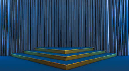 Empty scene with blue and gold pedestal, 3d render of blue pedestalの写真素材