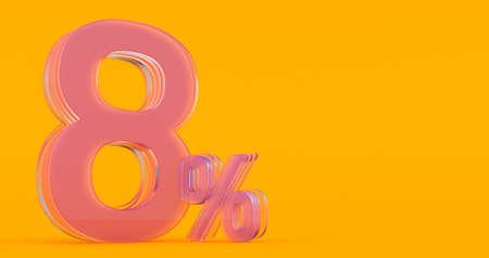 eight (8) percent in glass, Glass 3d number on colored background, 3d render