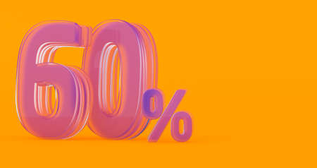 3D render of transparent glass percent sign sixty percent 60%, 60% glass sixty percent on a colored...