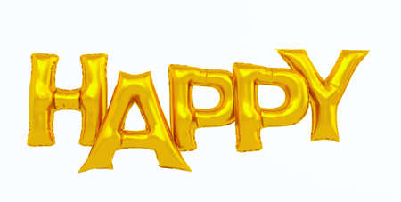 Happy pink text on white background, pink foil balloons typography, 3d renderの写真素材