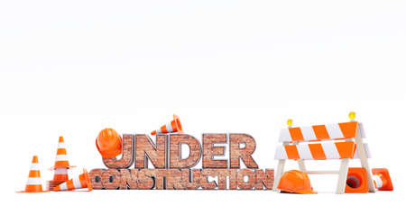 Under construction concept, Construction site, Road Barrier with Sign and Cones. 3d render