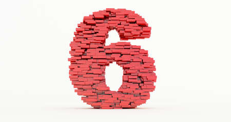 concept of bricks that build up to form the 6 six, red number six on white background. 3d render,の写真素材