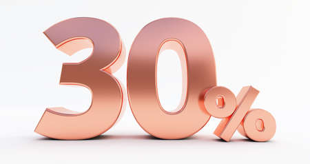 30 percent on white background. 3d render of a bronze thirty percent