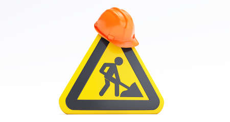 Under construction concept, Construction site, helmet of security with under construction road sign....