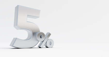 3d render of silver number five percent isolated on a white background.の写真素材