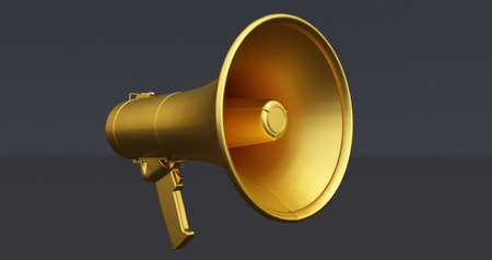 golden megaphone isolated on black background, 3d rendering of bullhornの写真素材