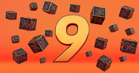 gold nine 9 percent number with Black cubes percentages fly on a orange background. 3d renderの写真素材