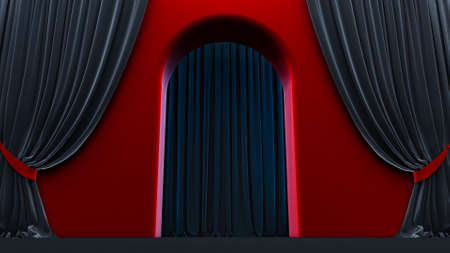3d render of walkway arch, yellow hallway, Long tunnel with arches and red carpetの写真素材