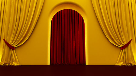 3d render of walkway arch, yellow hallway, Long tunnel with arches and red carpetの写真素材
