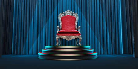 Red royal chair on a background of black curtains. 3d render