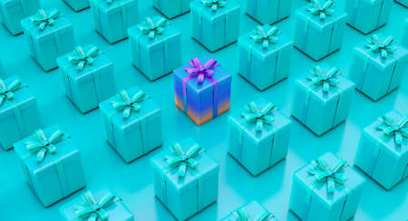 Set of gifts box. Surprise boxes. Celebration decoration objects. Isometric colorful square gift box set.の写真素材