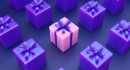 Set of gifts box. Surprise boxes. Celebration decoration objects. Isometric square gift box set.の写真素材