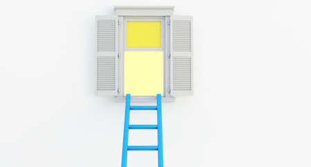 3d render of blue Ladder on an open window isolated on white background.の写真素材