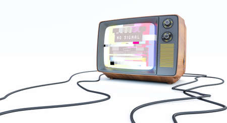 Retro vintage tv isolated on white background, 3d render of red old tv with the no signal on its, No...