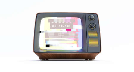 Retro vintage tv isolated on white background, 3d render of red old tv with the no signal on its, No...