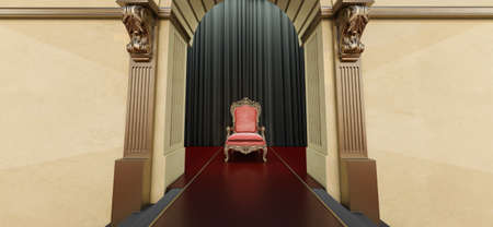 3d render of red royal throne, throne room, Red carpet leading to the luxurious throneの写真素材