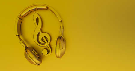 3d render of golden musical note with headphone in the middle, Concept musicの写真素材