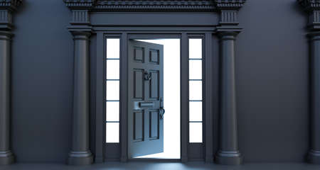 black room with a half open door and a glimmer of light coming in, 3d renderの写真素材