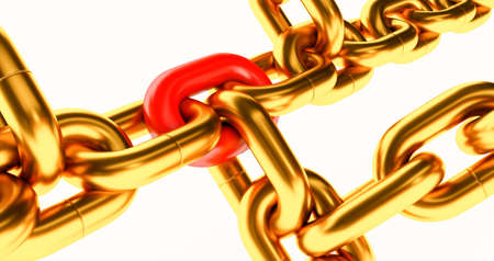 3d render of Metal chain links isolated on white background. metal chain with one red link