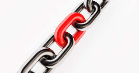 3d render of Metal chain links isolated on white background. metal chain with one red linkの写真素材