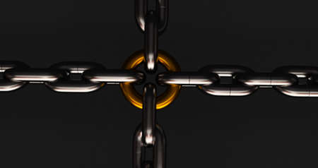 3d render of Metal chain links isolated on black background. metal chain with one red link