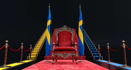 Red royal chair on a red carpet background with barriers, Red royal chair on a dark background betwin Sweden flags, flag of Sweden hanging on a flag pole, 3d renderの写真素材