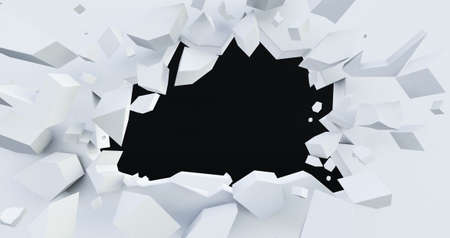 3D render of Dark destruction cracked hole in white stone wall, explosion, cracked white wall,の写真素材