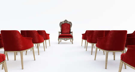 3d render of red armchairs with Modern 2 dark armchairs isolated on wall bricks background,...