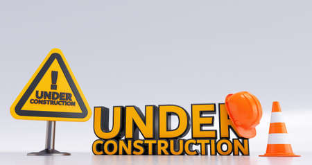 Under construction concept. Road Barrier with Sign and Cones. 3d render