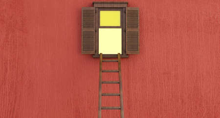 3d render of wooden Ladder on an open window isolated on red background.の写真素材