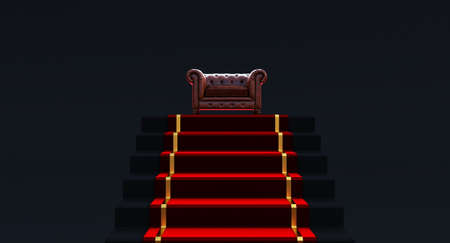 Vintage brown leather sofa with red carpet, 3d renderの写真素材