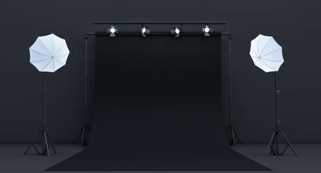 Photo studio wooden background with soft box light, red carpet and barriers, vip concept, 3d render
