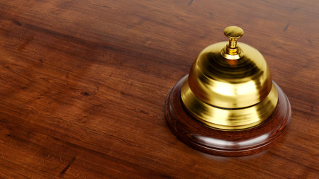 3d render of chrome Reception bell isolated on wooden background, hotel bell