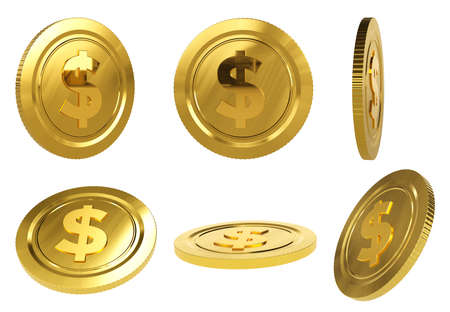 Set of gold coins in different positions, Realistic golden dollar coins movement isolate on white...
