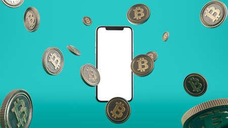 flying golden coins with smartphone isolated on colored background, Gold bitcoin falling down. 3d...