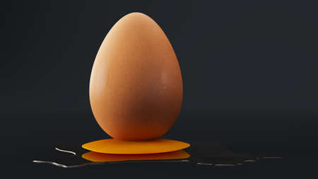 broken egg on a black background, whole eggs and broken one, 3d renderの写真素材
