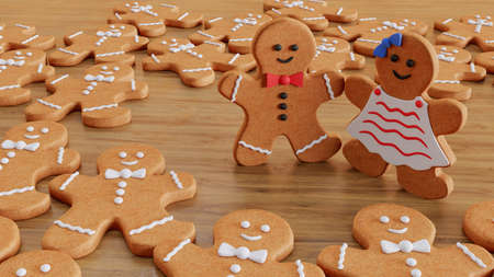3D render of gingerbread coockies on wooden background, Christmas gingerbread coockies.