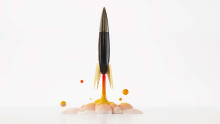 3D render of Launching rocket model taking off against white background.の写真素材