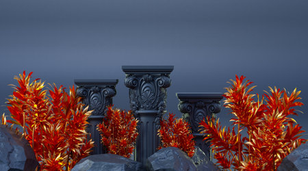golden column with black stones. Podium for display product on a black background.
