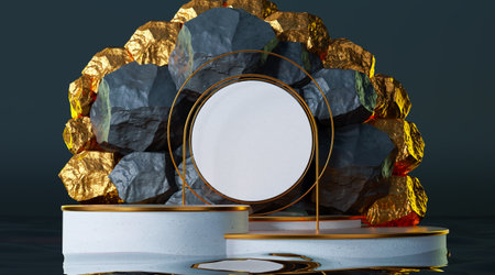 3D render of display podium over dark background and gold and black stone. minimalist mockup for...