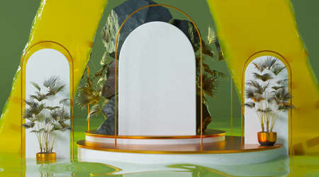 white gold and Marble Cylinder Poduim in green background, pedestal for products display. Natural...