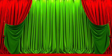 3D render of open red and green curtains background template. theater curtainの写真素材